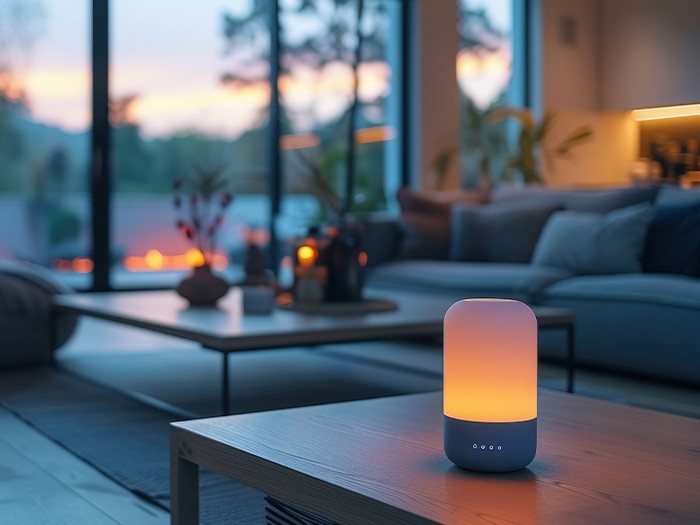 Bluetooth speaker on an end table.