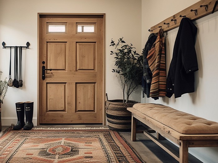 An inviting entryway with a bench and coat hangers.